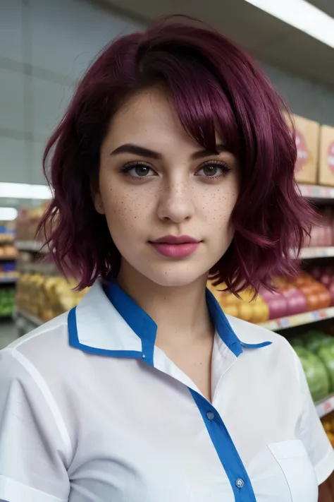 short plump uzbek girl in supermarket, ((27 years old)), (average body type), ((short wet magenta hair)), (big black eyes), ((ve...