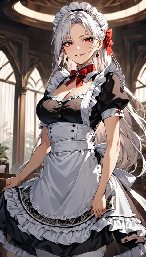 "4k, masterpiece, best quality, (detailed face and eyes_1.4), (Irisviel Von Einzbern), (Fate/Zero), detailed skin, cowboy shot, detailed, 1girl, 27 years old, mature body, big breasts, solo, white hair, red eyes, long hair, loose hair, mole under left eye,...