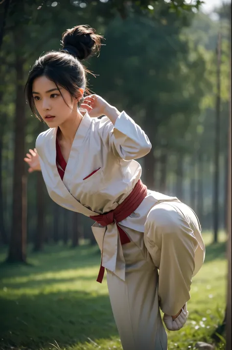 A stunning scene featuring a gorgeous Asian woman with her hair elegantly styled in a bun, dressed in a traditional karate uniform and pants. She is captured in a low angle shot as she leaps high into the air, delivering a powerful kick with perfect form. ...