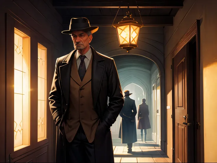 a man in a hat and coat standing in a doorway with a light shining through it and a lantern hanging above, Evgeny Lushpin, pj crook, an oil painting, precisionism, render