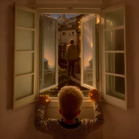 arafed image of a child looking out a window at a man, boy staring at the window, looking in the window, looking out a window, looking out open window, the window is open, looking out of the window, looking out window, looking out the window, open window a...