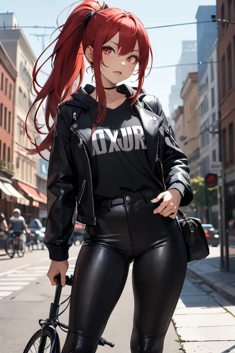 (masterpiece), best quality, BREAK, expressive eyes, (perfect face), 1girl, BREAK,( very long hair, red hair, ponytail), BREAK, (red eyes, agressive eyes, detailed eyes), BREAK, (unpleasant facial expression), BREAK, (very tall height), (skinny build), BRE...