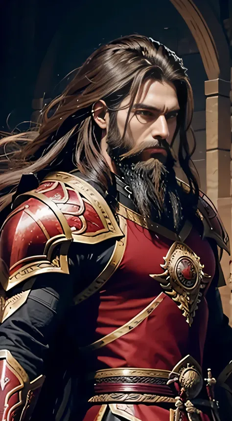 An artistic representation of a powerful warrior with long flowing hair and a majestic beard., He is wearing intricately designed crimson armor that exudes power and authority... The warrior&#39;s long hair and beard flutter in the fierce mountain wind.., ...