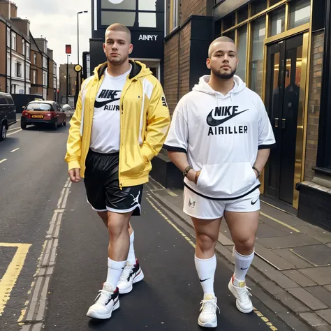 full view full body, one very fat 26 yo blond handsome male chav with a very big paunch and thick chubby legs and a buzzcut and a huge septum gold piercing, golden sovereign rings, chunky golden bracelets and chains, Manchester white footbell jersy, white ...