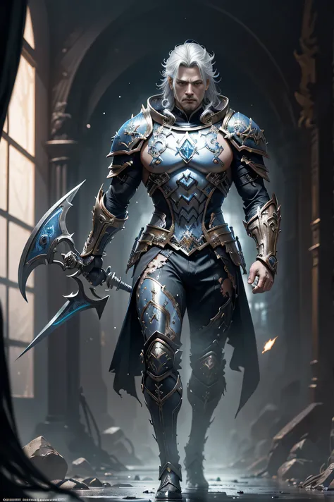 Boys in 8K resolution(full body esbian:1.3)shot、splash art、Great cartoon style、A realistic and young male figure、Anatomically realistic digital painting(to show:1.3)Portrait of a young man(to show:1.3)blue and white complex(Heavily armed:1.3)And white shor...