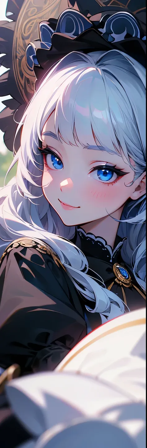 1 girl、8k、Sharp focus、(Bokeh) (Highest quality) (Detailed skin:1.3) (Intricate details) (anime)、Cat Maid、dress、Silver long hair、Blue Eyes、Black Rococo、elegant and charming cosplay、smile、Upper body close-up