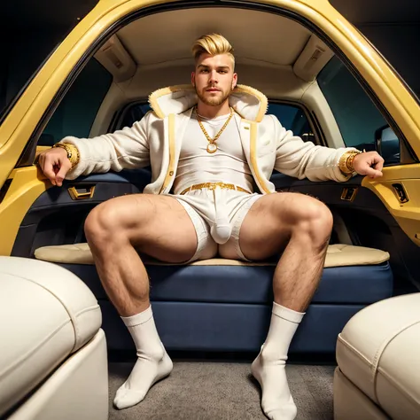 full body, large view, one chubby dapper light blond undercut preppy haircut guy wearing golden nylon LV socks, shoes off, LV white shorts, lots of golden chains, golden necklaces, golden rings, golden watch, huge golden nose ring, white fur coat, lying in...