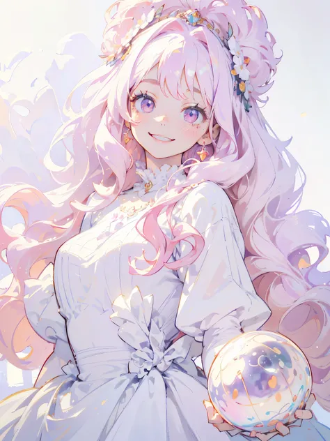 (masterpiece,Highest quality, Very detailed, beautiful, Exquisite, 16K, Full HD), ((smile,Happy:1.5)),get up,((Frills, Sparkling fluffy layered ball gown)), (Pink medium hair,Wavy Hair,Fluffy hair),(White skin,lavender eyes, Long eyelashes, Big eyes,Pale p...