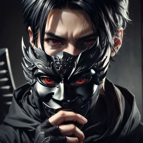 A skilled ninja with jet-black hair and piercing red eyes stands confidently, holding their intricately designed mask in one hand while looking directly into the camera. The mask, featuring sharp angles and dark tones, contrasts with the ninja’s intense ga...