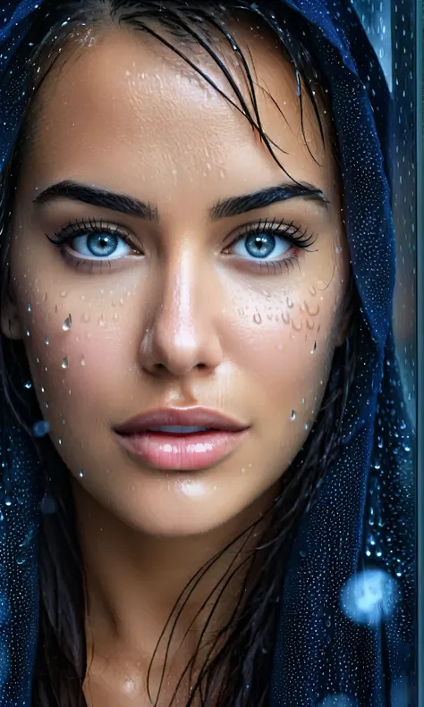 kor, a woman standing in front of a window covered in rain, rain drops on face, raining portrait, close up portrait shot, closeu...