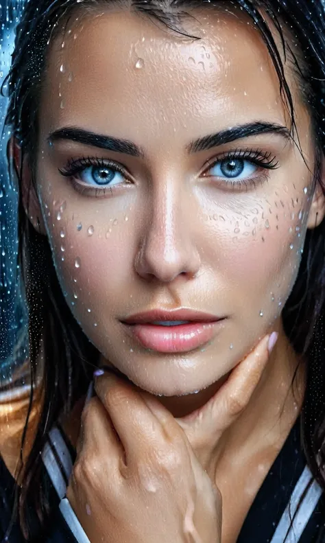 kor, a woman standing in front of a window covered in rain, rain drops on face, raining portrait, close up portrait shot, closeu...