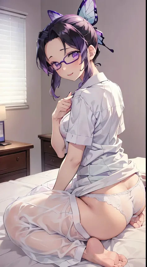 nsfw, kochou shinobu, Medium chest, 15yo, Nurse cap, 短い白のミニskirt, （Tabletop:1.3),(Highest quality:1.3), High resolution, (pretty girl:1.3), solo, Big smile、(Wear glasses)、Wide forehead、Bob Purple Hair，Open your mouth ，caregiver，Hospital room、hospital，White...