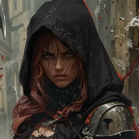 Illustration, Character Bust, Olive Skin, Lip Scar, Auburn Hair, Messy Hair, Stern Expression, Displeased Expression, Black Cloak, Black Hood, Mysterious, Assassin, Angry Expression, androgynous features, Roman Nose, Hooked Nose, Italian, Rome, Silver Buck...