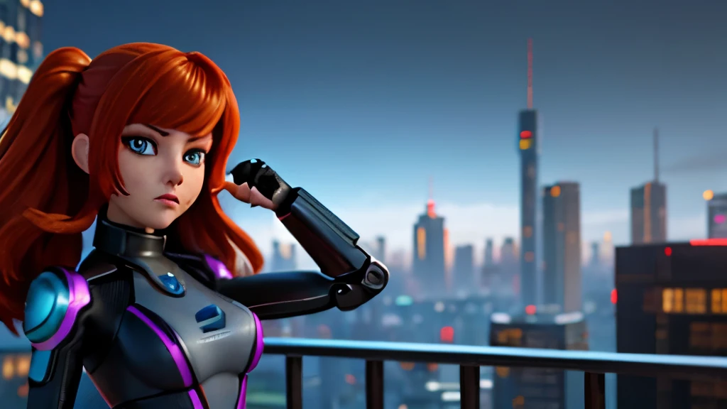 High Definition Character, ultra high definition, 16:9, 8k, A futuristic cyberpunk robot woman of average height., with approximately 1,70m high, her hair is long, of a reddish brown tone, Her eyes are the color of honey., Has an athletic and toned appeara...