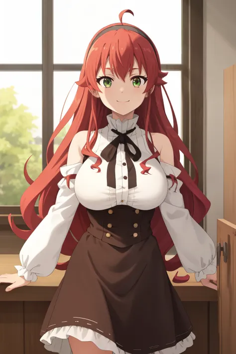 best quality, (masterpiece:1.2), detailed, eris boreas greyrat, closed mouth, light smile, long hair, red hair, ahoge, green eye...