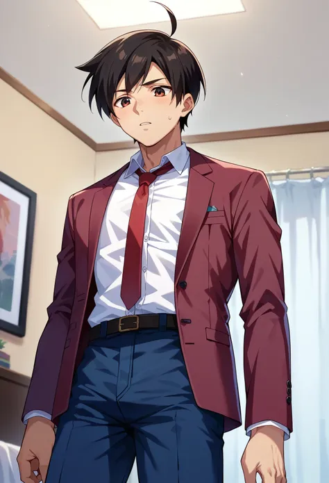 score_9, score_8_up, score_7_up, 1boy, solo, male focus, sakutomo, black hair, short hair, ahoge, maroon blazer, unbuttoned blaz...