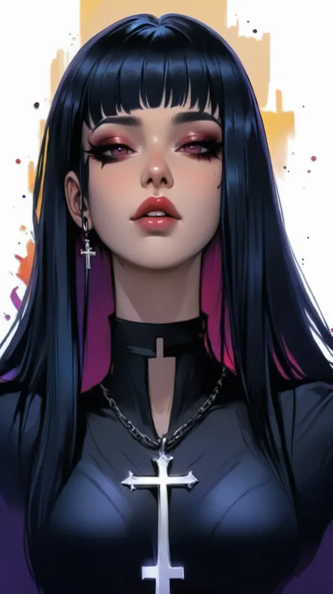 a woman with long black hair and a cross on her chest, rossdraws 2. 0, rossdraws 1. 0, hyper - goth, rossdraws cartoon vibrant, rossdraws 2. 5, neo goth, gothic horror vibes, goth girl, goth vibe, 1 7 - year - old anime goth girl, gothic - cyberpunk, :: ro...