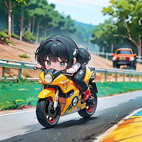 little mascot girl, rear view of a female racer racing on a road bike, black hair, semi-long, stylish, road bike racing, behind ...