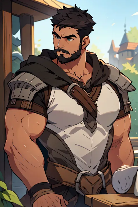 Large medieval kingdom in the background, old mature muscular male, black hair, very short hair, undercut hairstyle, undercut hair, undercut, ((black beard))), ((((stubble:1.0))), goatee, green eyes, bright eyes, 48 years old, bara, muscular male, tall, la...