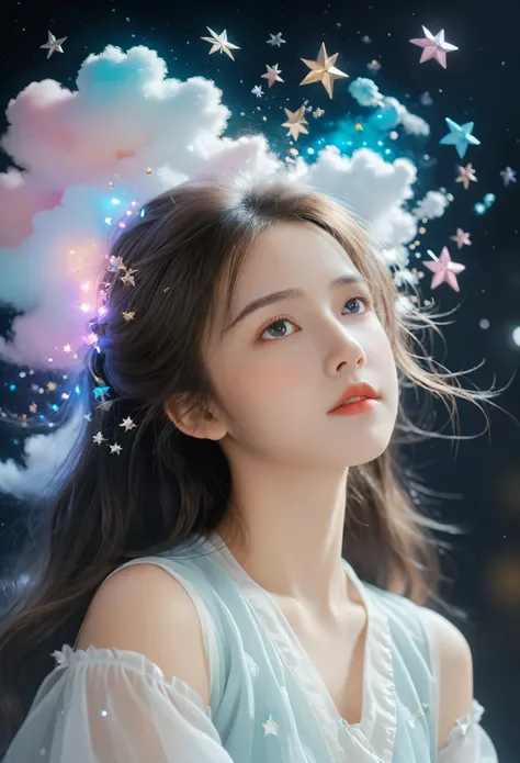 (best quality,4k,8k,high resolution,masterpiece:1.2), the girl in the cloud has fluffy hair like clouds, tiny stars, fantasy ill...