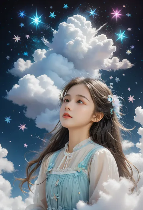 (best quality,4K,8K,high resolution,masterpiece:1.2), The girl in the cloud has fluffy hair like clouds, tiny stars, Fantasy illustration, Dreamy colors, children'Illustration style.Vibrant colors