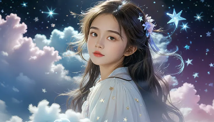 (best quality,4K,8K,high resolution,masterpiece:1.2), The girl in the cloud has fluffy hair like clouds, tiny stars, Fantasy illustration, Dreamy colors, children'Illustration style.Vibrant colors