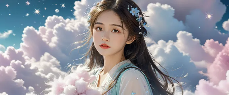 (best quality,4K,8K,high resolution,masterpiece:1.2), The girl in the cloud has fluffy hair like clouds, tiny stars, Fantasy illustration, Dreamy colors, children&#39;Illustration style.Vibrant colors