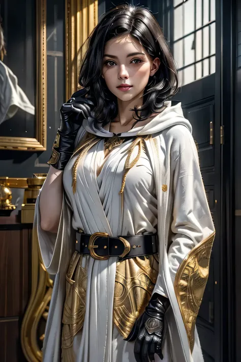 (belt, glove, hand guard, hood, golden pattern, intricate white wizard robe:1.5), (photorealist, realist, raw photo:1.5), (Best Quality, ultra high resolution, ultra detailed:1.5), (masterpiece:0.2), portrait, Upper part of the body, 1 girl, detailed skin,...