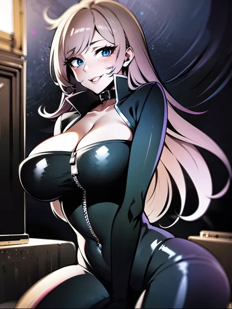 （（super high quality,Ultra-high resolution,4K,8k,super masterpiece,Ultra HD））,Dimly lit room at night,One Woman,Open sweatsuit,Large collar,Open collar,Tight collar,Zipper from neck to navel,Cleavage,sexly,smile,