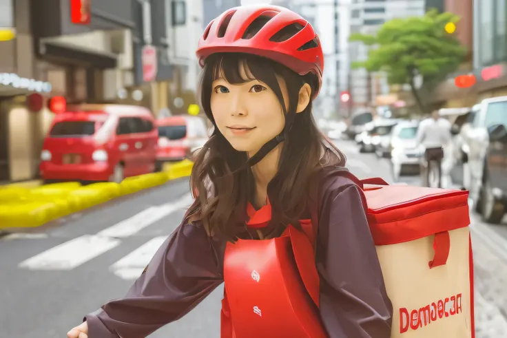 A cute Japanese girl carrying a red delivery bag rides a road bike through the downtown area