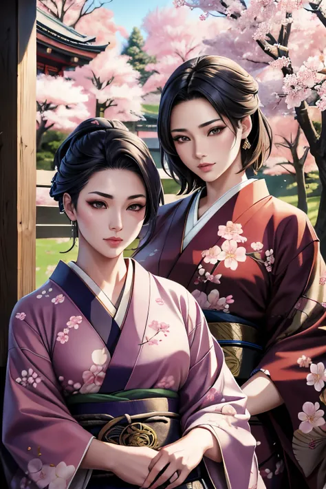 a female lesbian samurai,her younger lesbian apprentice,samurai swords,Japanese garden,cherry blossom trees,detailed facial features,beautiful detailed eyes,beautiful detailed lips,extremely detailed eyes and face,long eyelashes,graceful poses,dynamic acti...