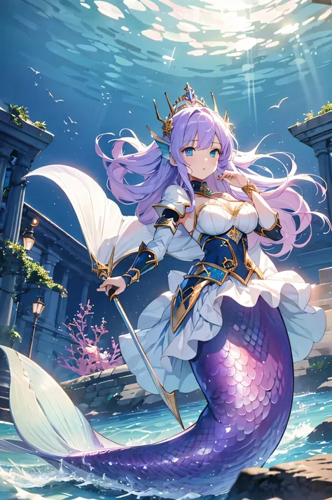 4K,High resolution,One Woman,Mermaid,White purple hair,long hair,Blue Eyes,Big Breasts,Green scales,The Little Mermaid,Princess Knight,White knight armor,Full Armor,Jewelry decoration,Pearl decoration,Long sword,In the sea,In the water,underwater temple