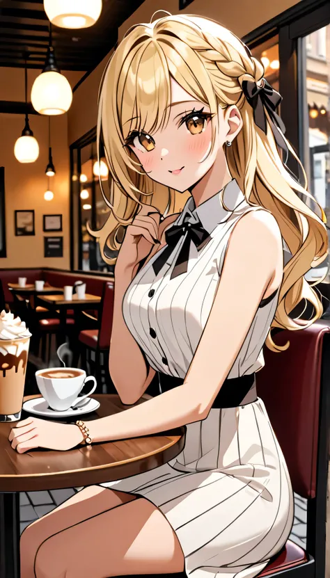 Beautiful and blond, dressed up for a date, cafe