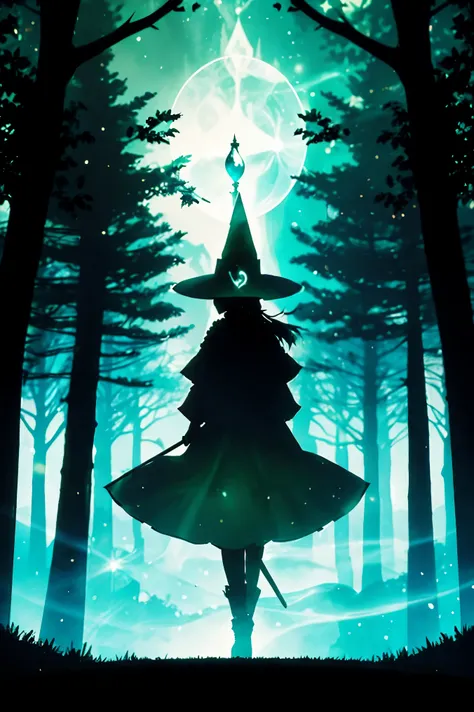 Magic girl, green clothes wizard hat, tree silhouette and magic staff, fantasy magic falling silhouette darkness back dark, rear camera