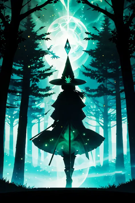 Magic girl, green clothes wizard hat, tree silhouette and magic staff, fantasy magic falling silhouette darkness back dark, rear camera