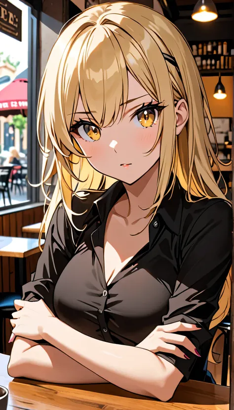 Beautiful and blond, cafe, wearing black, free arms, looking seductively at the viewer, intrested 