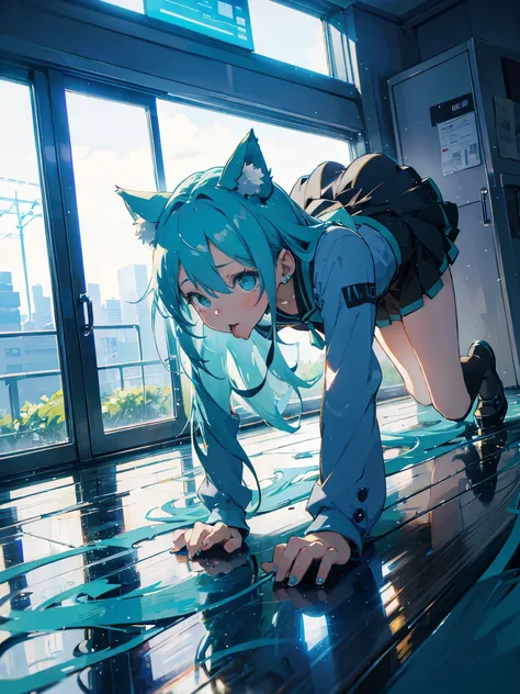 hatsune miku, wear school, on all fours, big tits, showing the tongue, big ass, cat ears