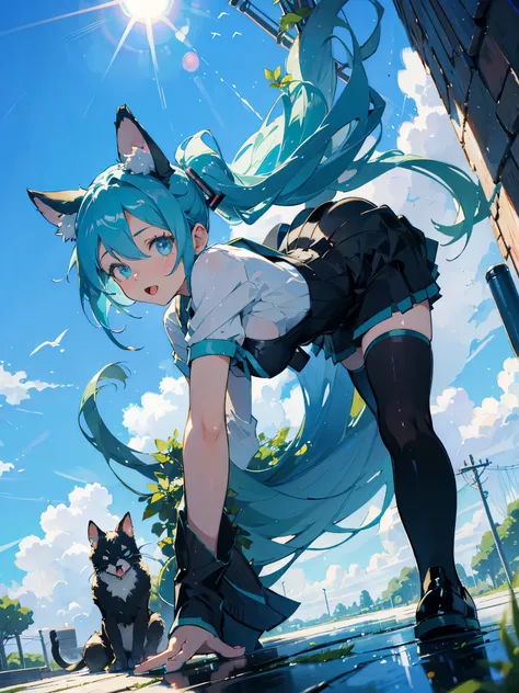 hatsune miku, wear school, on all fours, big tits, showing the tongue, big ass, cat ears