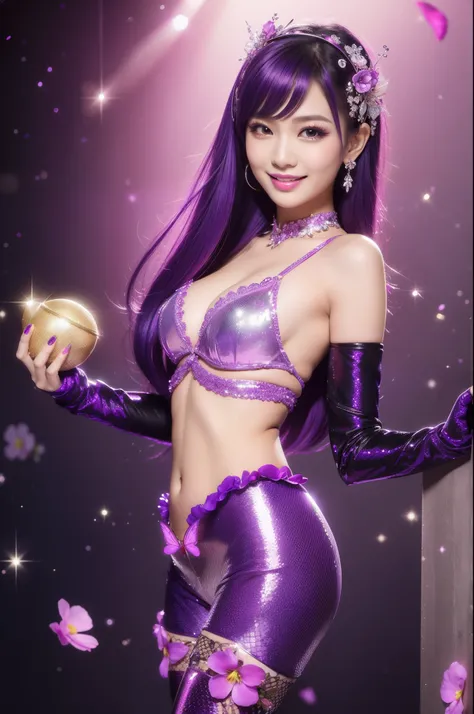 sexy Thai model who controls poison、beautiful smile、lipgloss、intense makeup、look at the camera、full body Esbian、、sparkling poisoned flower costume (purple)、、、、shiny sparkling multicolor hair、secrete poison、skull hair accessories、fishnet tights、shiny sparkl...