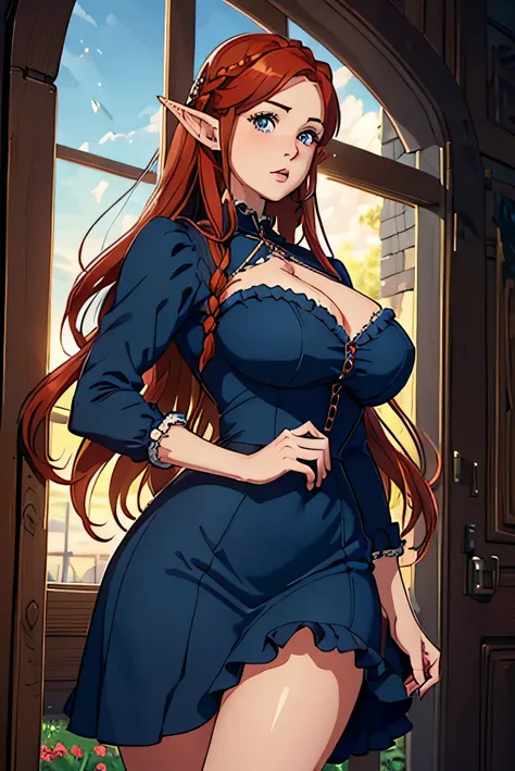 Cute Farmgirl with Braids. ((red haired woman, mature woman, long hair, pointy ears, elf ear)), Perfectly round face. Beautiful cute face, Big beautiful voluptuous lips, charming beauty, ((gentle expression on your face)), ((Beautiful Big, blue detailed ey...