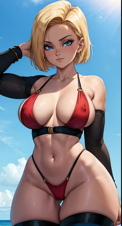 (best qualityer:1.3), (4K quality), Android 18 por Dragon Ball Z, ((face detailed)),((sorrido)), ((red bikini)),( big hips and thighs), (very big breasts), sensuous, (( hair cut )), ((thong neckline)), ((blue skies)), squatt, legs spread apart, erotic, coa...