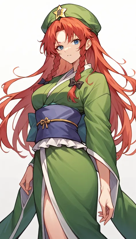 Hong Meiling, Red hair , green hat, blue eyes,long hair,1girl, solo, japanese clothes, sash, kimono, bangs, looking at viewer, obi, gradient