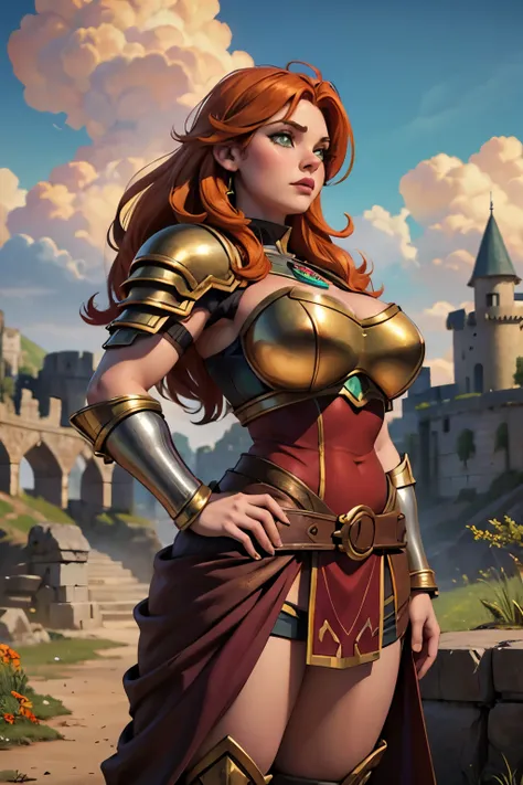 Close up of Dwarven woman, orange hair, maroon armor with gold trim, heavy armor, chubby cheeks, green eyes, 
Castle ruins background,  large broken stones litter the area.  Show her standing with her hands on her hips. super high quality, super high detai...