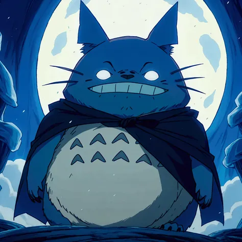 totoro, adorable, no man, no one appears, wearing a cape and blue fur, chesiree smile