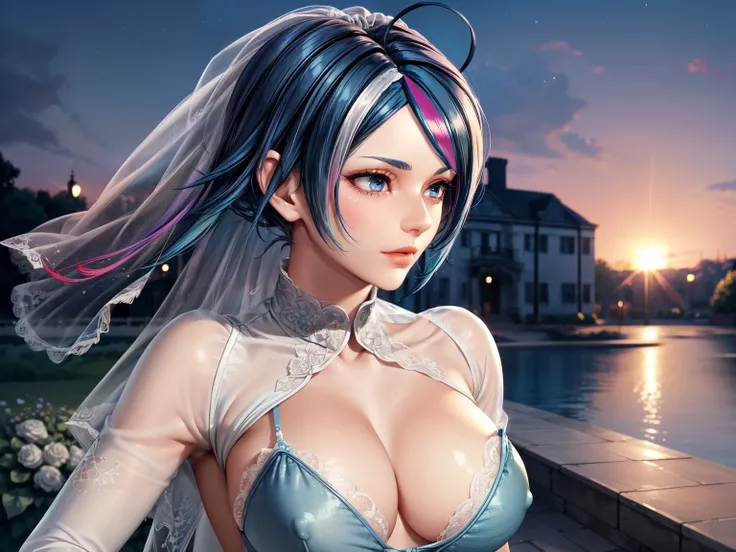 (masterpiece, best quality, beautiful and aesthetic:1.3), look back, side view, 1woman, ((very mature woman)),(30 years old, thirties), solo, light smile,  (blue hair streaked black:1.4), (Gradient blue hair ends:1.6), hair strand, ((absurdly short hair)),...