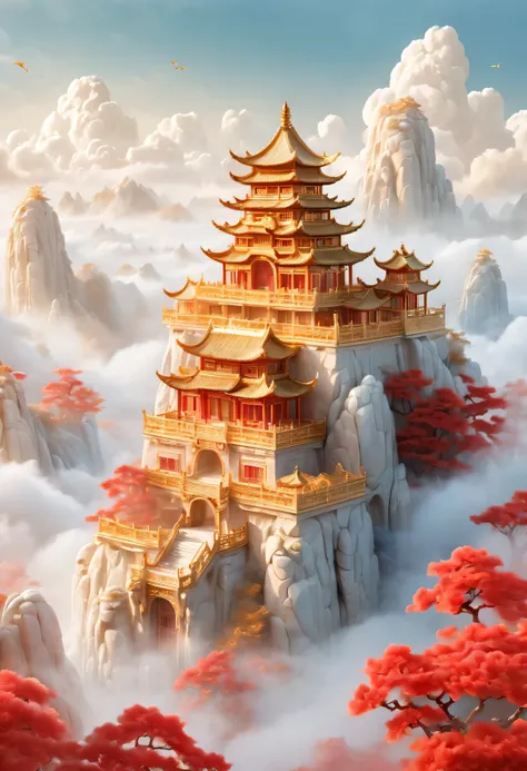 Gold and red, palace in the sky, Chinese Jade, Golden Palace, White Cloud, wonderland,
mist, Big scene, Dark white、Gold and light sky blue style, Laminated Fiber,
organic sculpting, focus stack, Vista