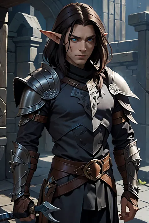 pale male elf, dark hair, using cloack of raven fether, studded leather armor, and two scimitars in hands