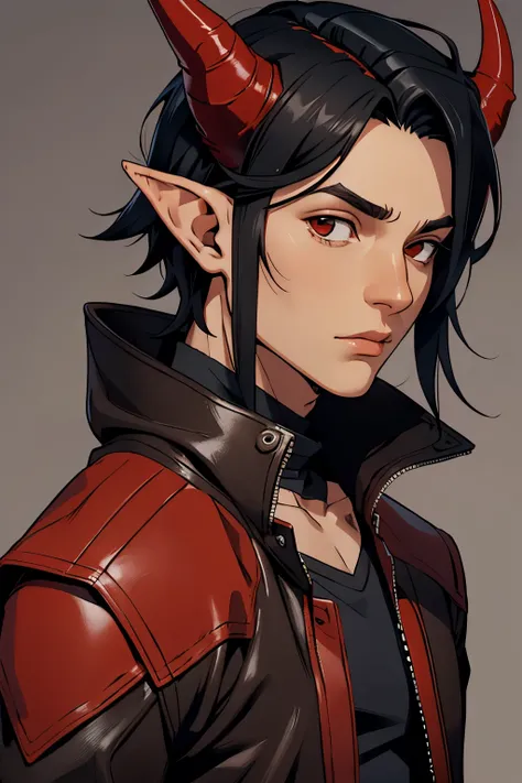 boy, black hair , gray strands, horns, elf ears, red leather jacket, shoulder length portrait