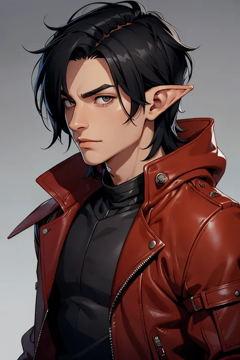 boy, black hair , gray strands, elf ears, red leather jacket, shoulder length portrait