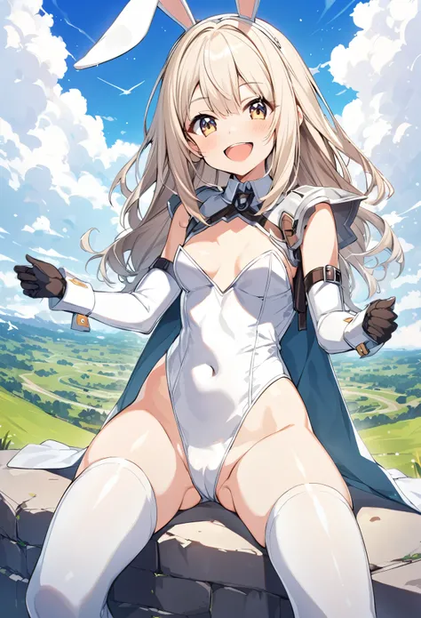 ,1young_teen_ girl,brown_hair,medium_bob_hair,platina_blond_hair,white_leotard,covered_crotch,thigh-highs,smile,standing,bluesky_landscape_background,slightly_spread_legs,happiness, short_gloves ,solo, r18, navel,relicbuster,short,boots,open_mouth,sitting,...